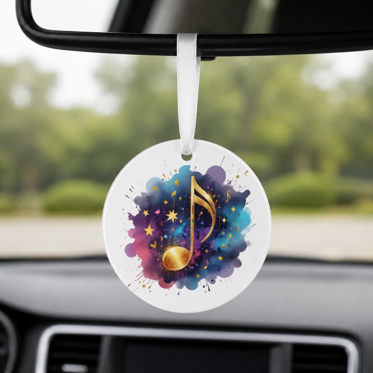 Gold Music Note Splash - Round Car Charm in white