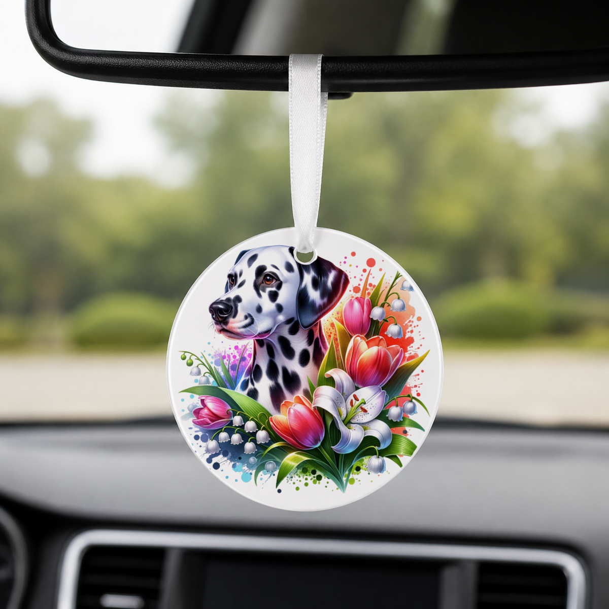 Golden Retriever With Tulips - Round Car Charm in white