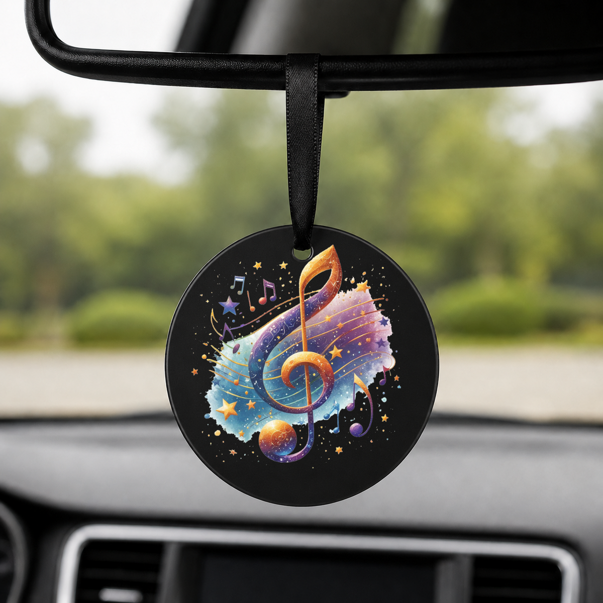Golden Treble Clef Galaxy Swirl - Round Car Charm in black