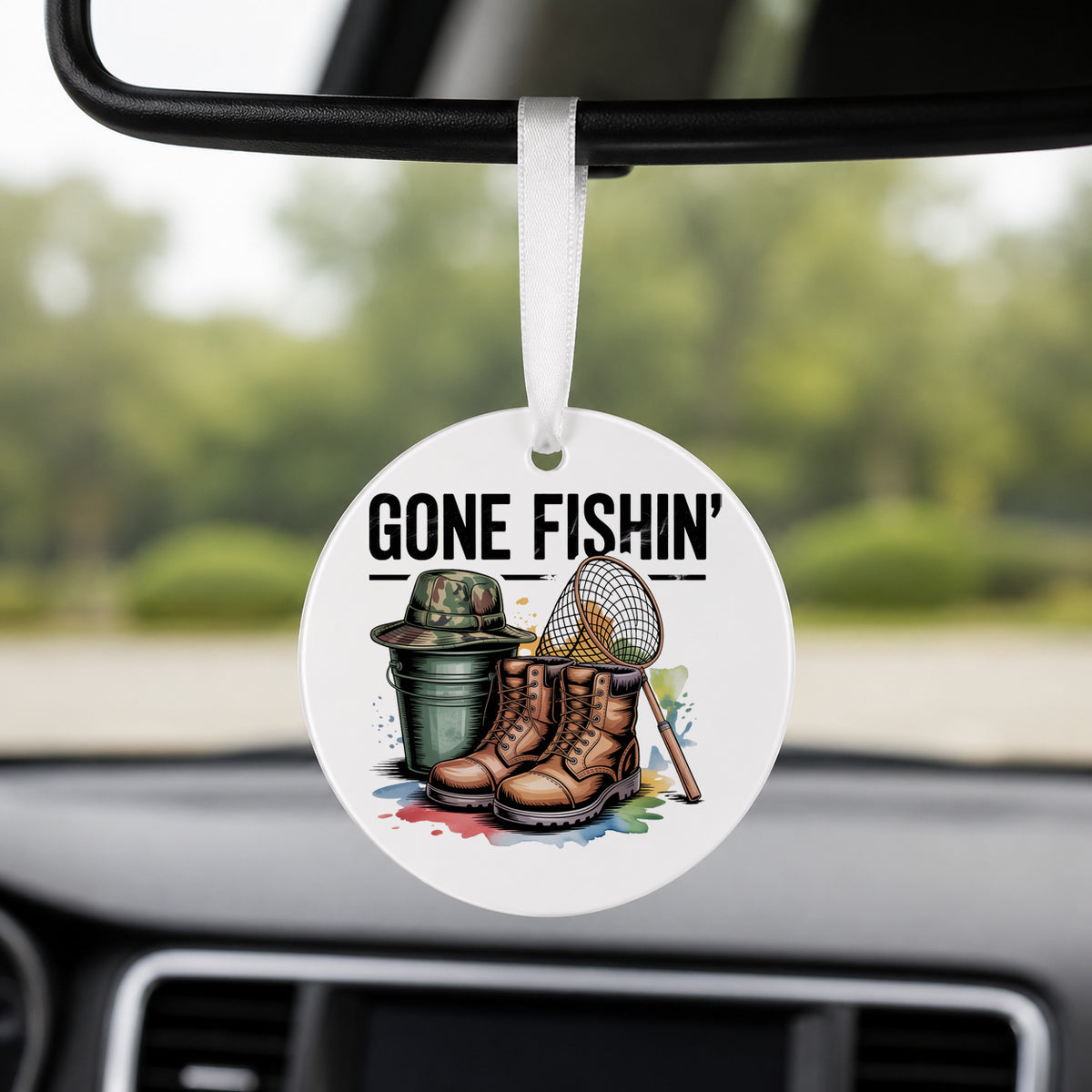 Gone Fishin' Gear - Round Car Charm in white