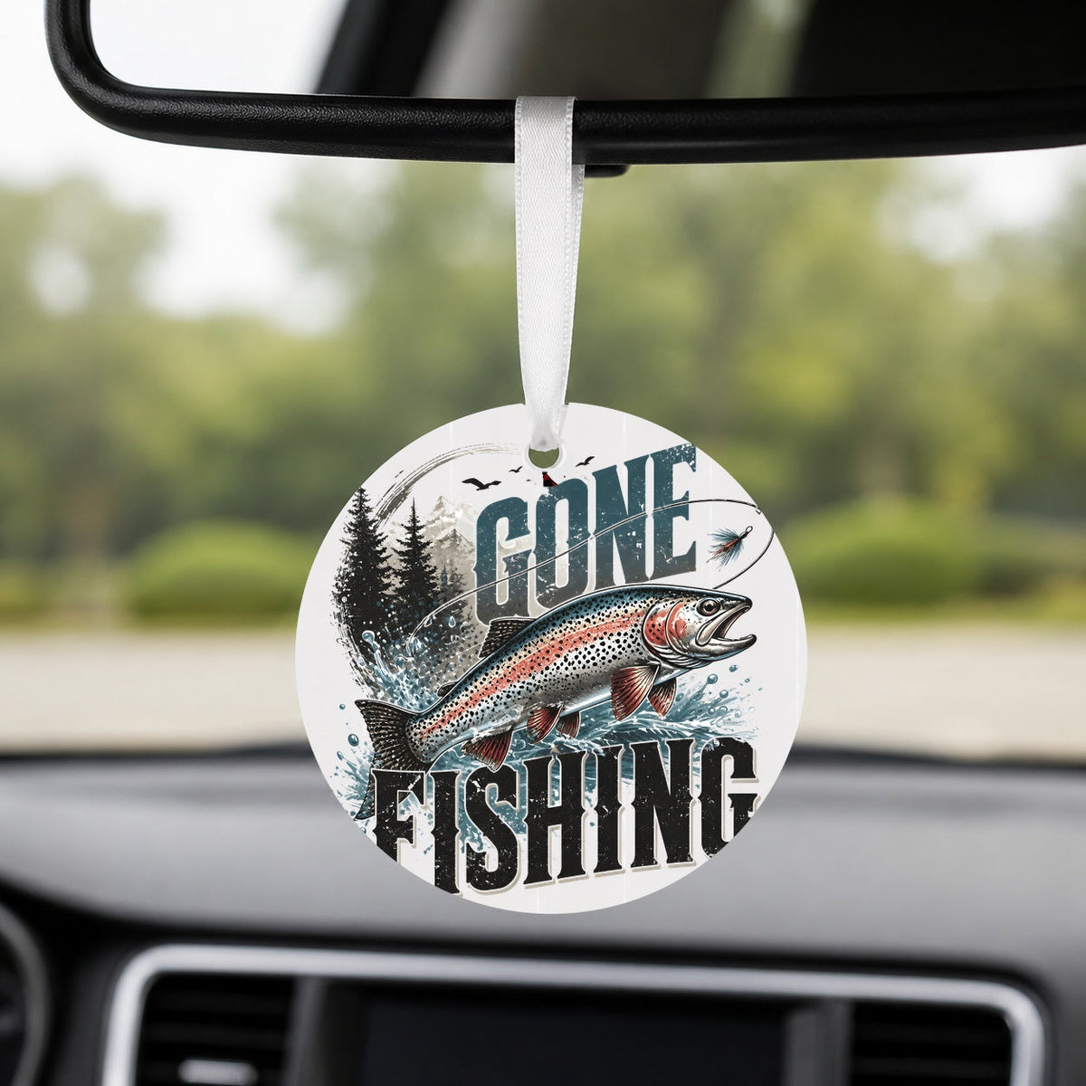 Gone Fishing Mountain Trout - Round Car Charm in white