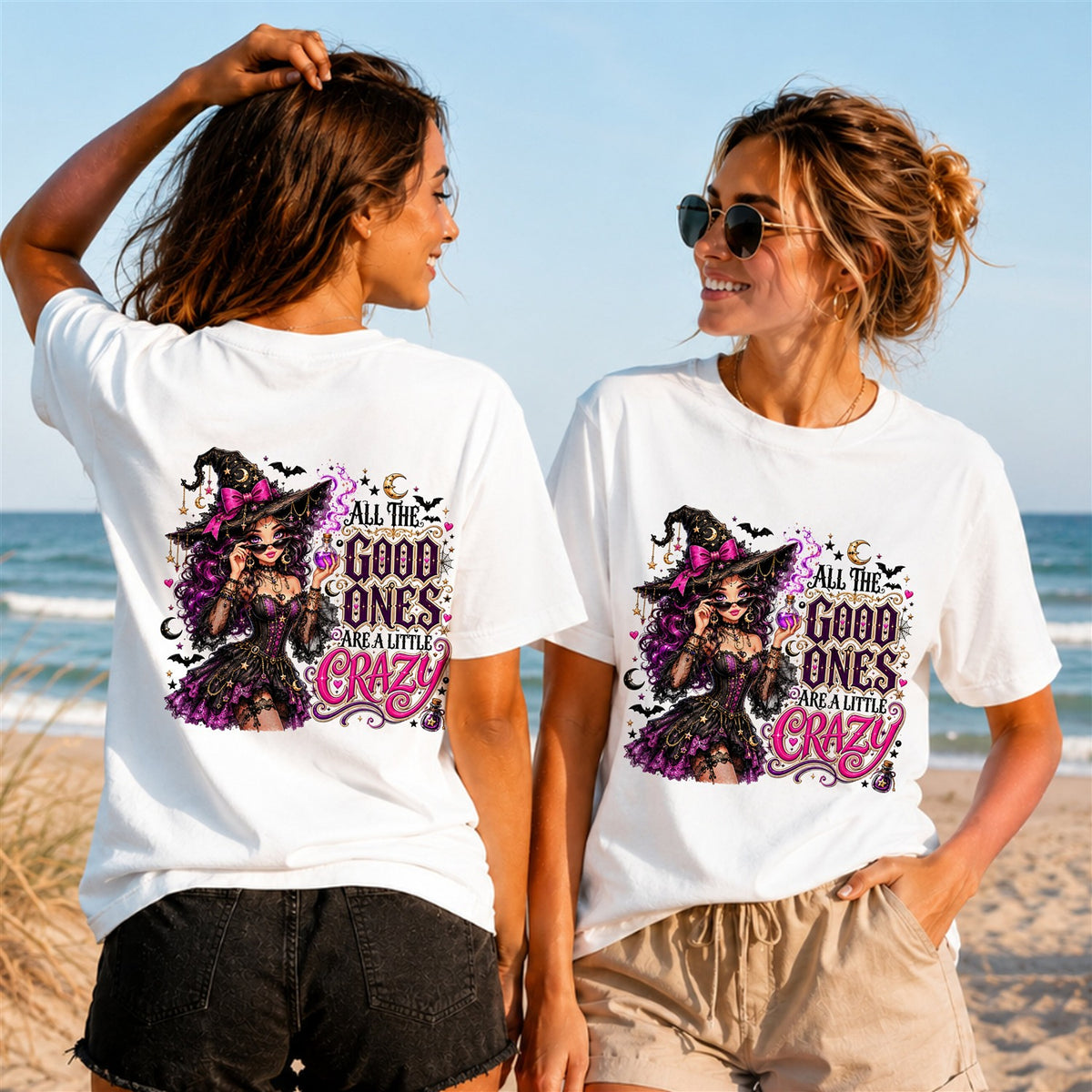 Good Ones Are Crazy Witch Quote - Women's T-Shirt in white, showing front and back print placement choices