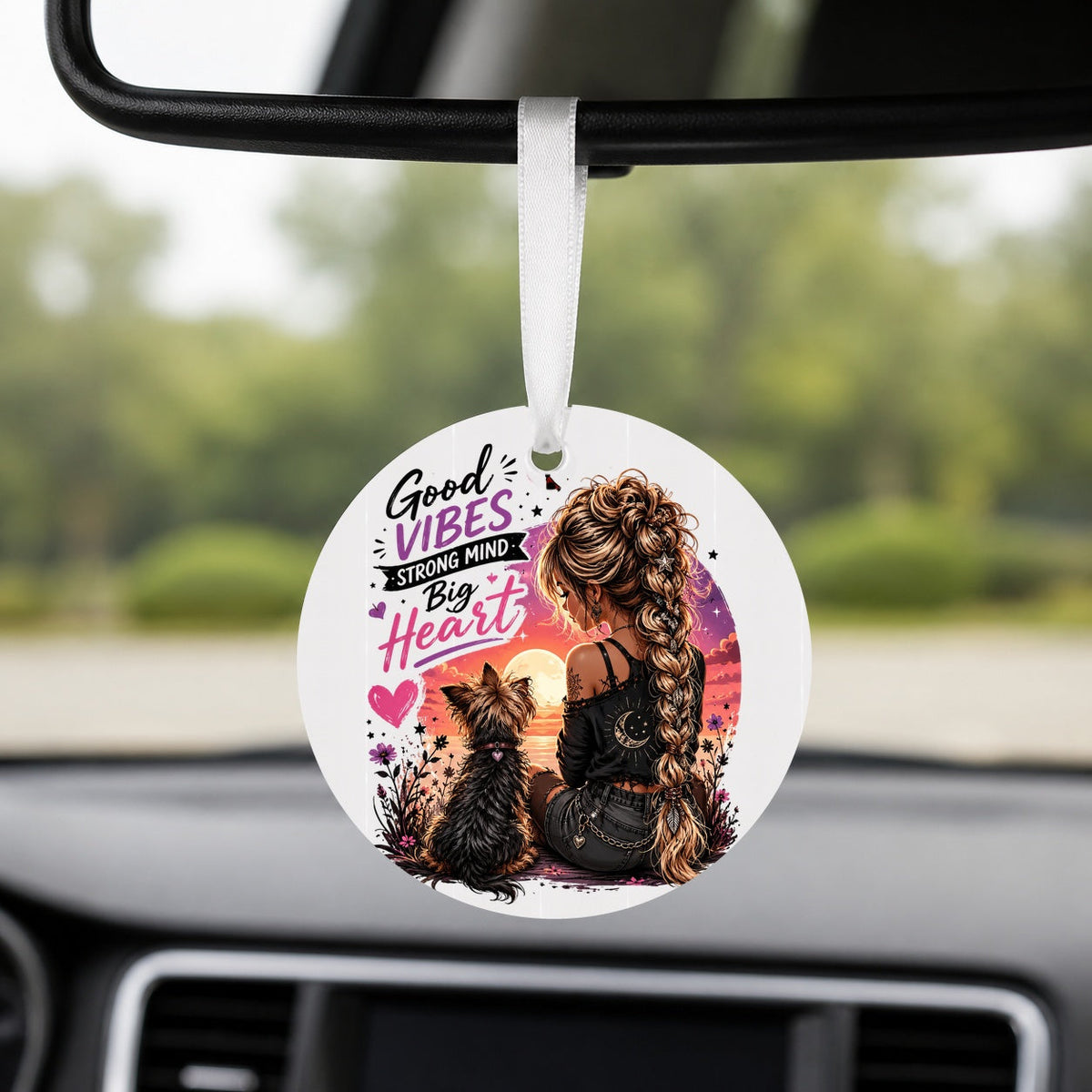 Good Vibes Big Heart - Round Car Charm in white
