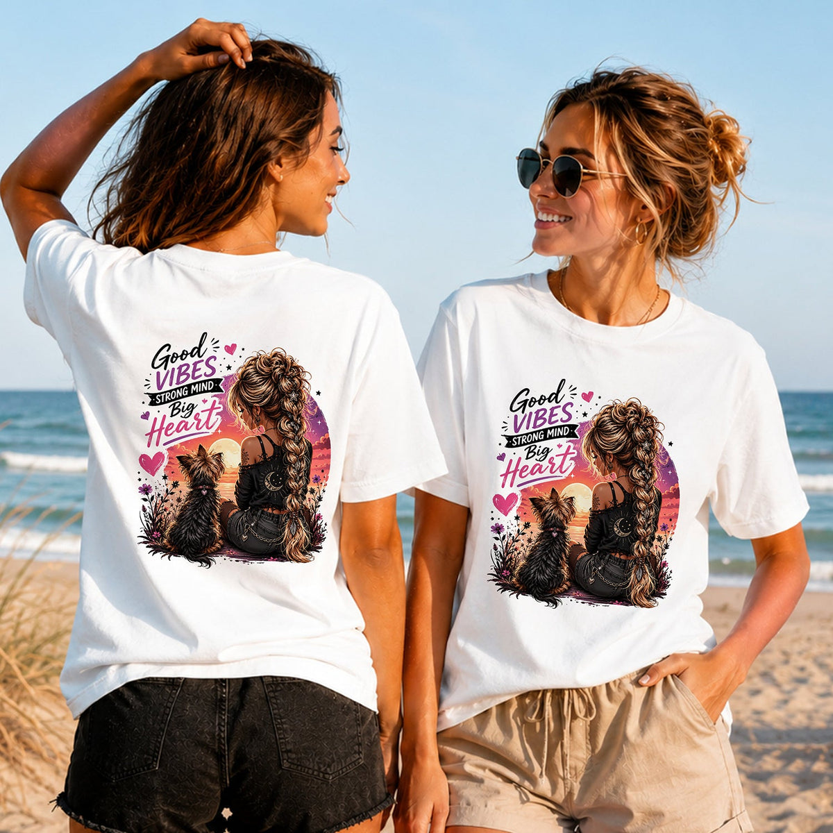 Good Vibes Big Heart - Women's T-Shirt in white, showing alternative back and front print placements on the beach