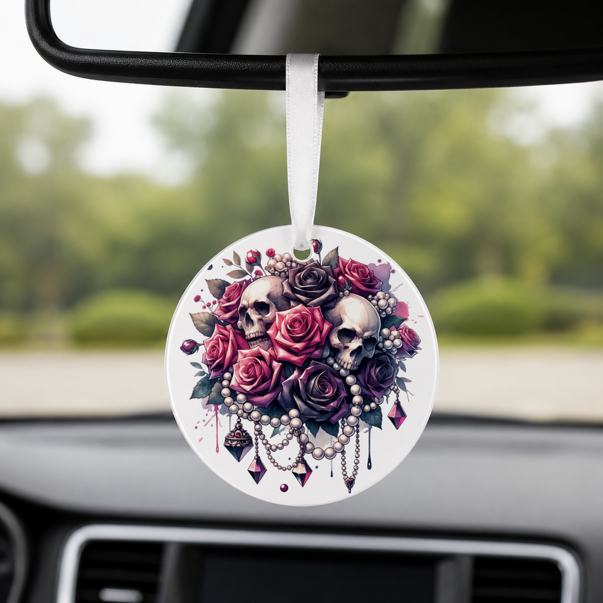 Gothic Skull Rose Bouquet - Dark Roses Gems - Round Car Charm in white
