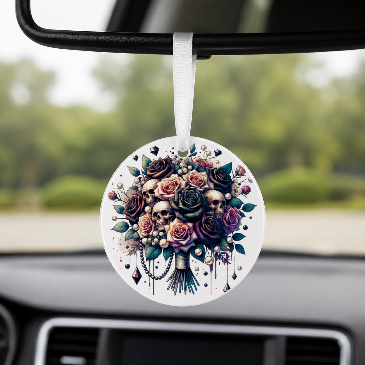 Gothic Skull Rose Bouquet - Pink Grey Roses - Round Car Charm in white