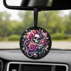 Gothic Skull Rose Bouquet - Pink Mauve Roses - Round Car Charm in black
