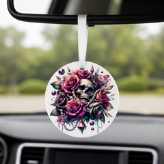 Gothic Skull Rose Bouquet - Pink Mauve Roses - Round Car Charm in white