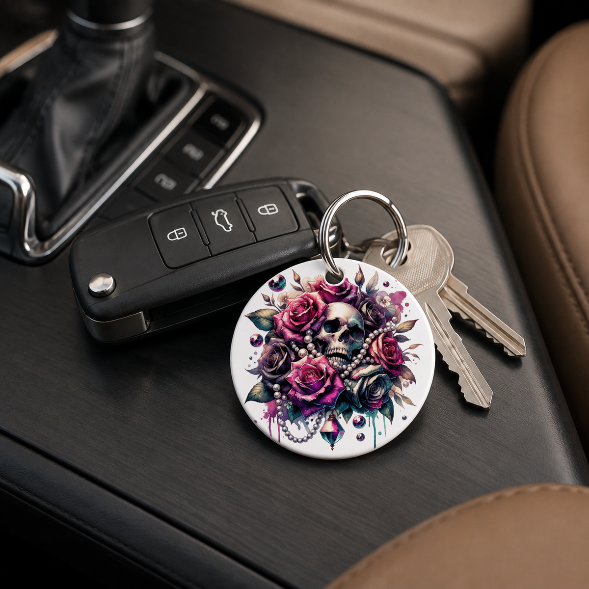 Gothic Skull Rose Bouquet - Pink Mauve Roses - Keychain in white