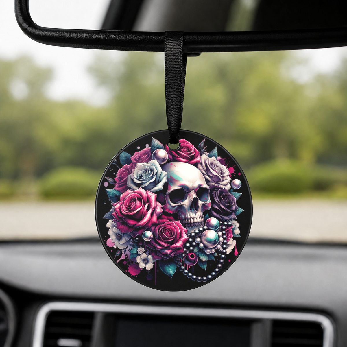 Gothic Skull Rose Bouquet - Red Roses Pearls - Round Car Charm in black