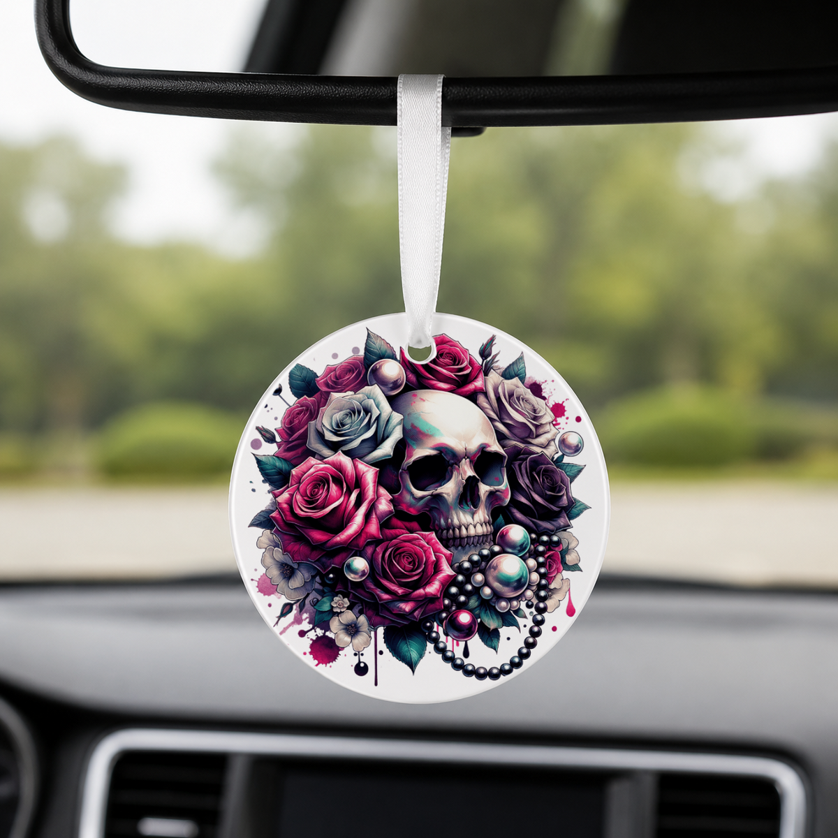 Gothic Skull Rose Bouquet - Red Roses Pearls - Round Car Charm in white