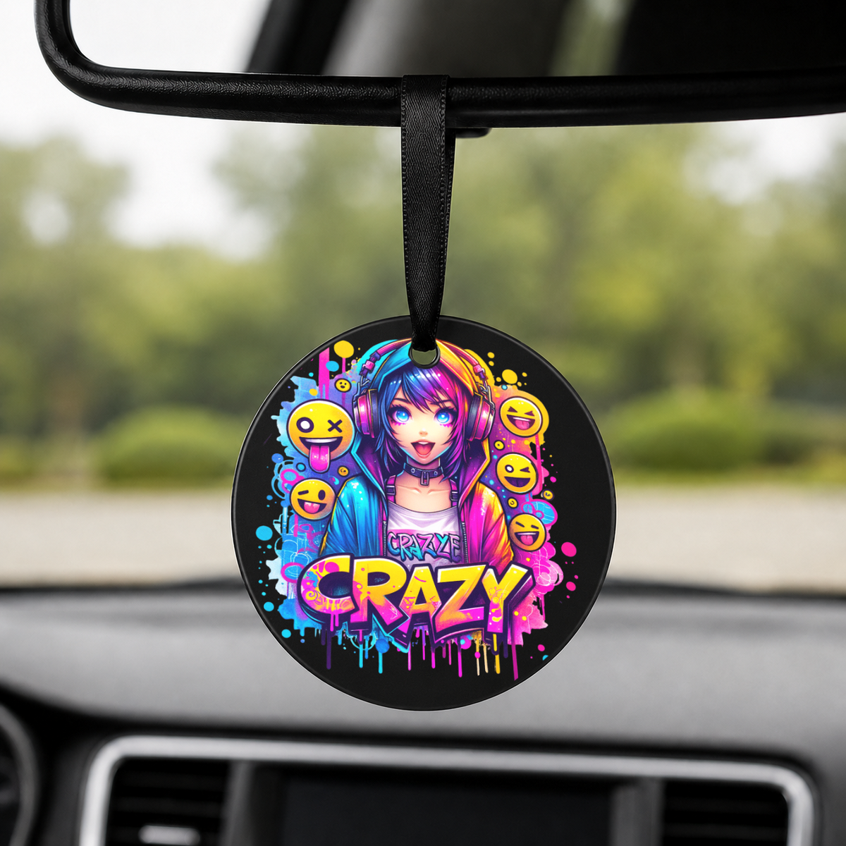 Graffiti Anime Girl - Crazy Emojis - Round Car Charm in black