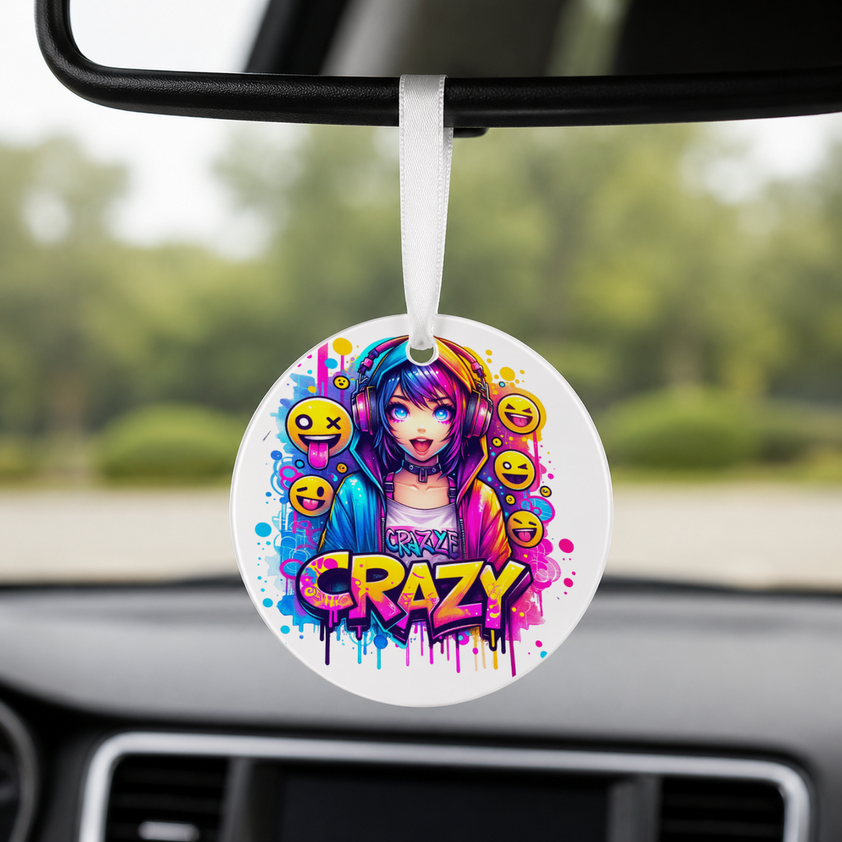 Graffiti Anime Girl - Crazy Emojis - Round Car Charm in white