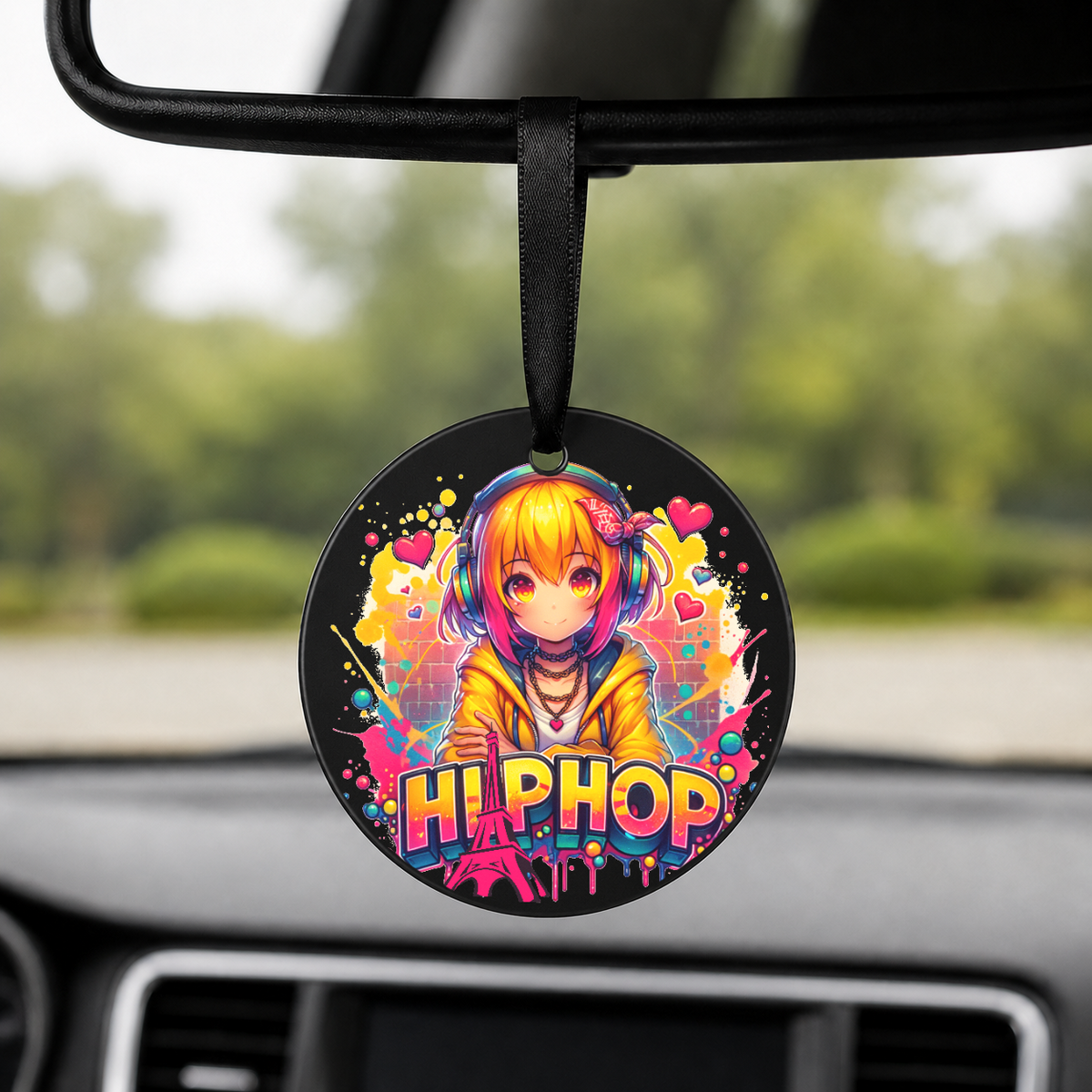 Graffiti Anime Girl - Crazy Peace Signs - Round Car Charm in black