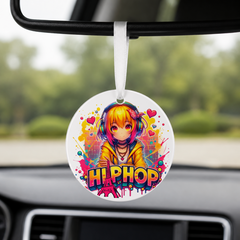 Graffiti Anime Girl - Crazy Peace Signs - Round Car Charm in white