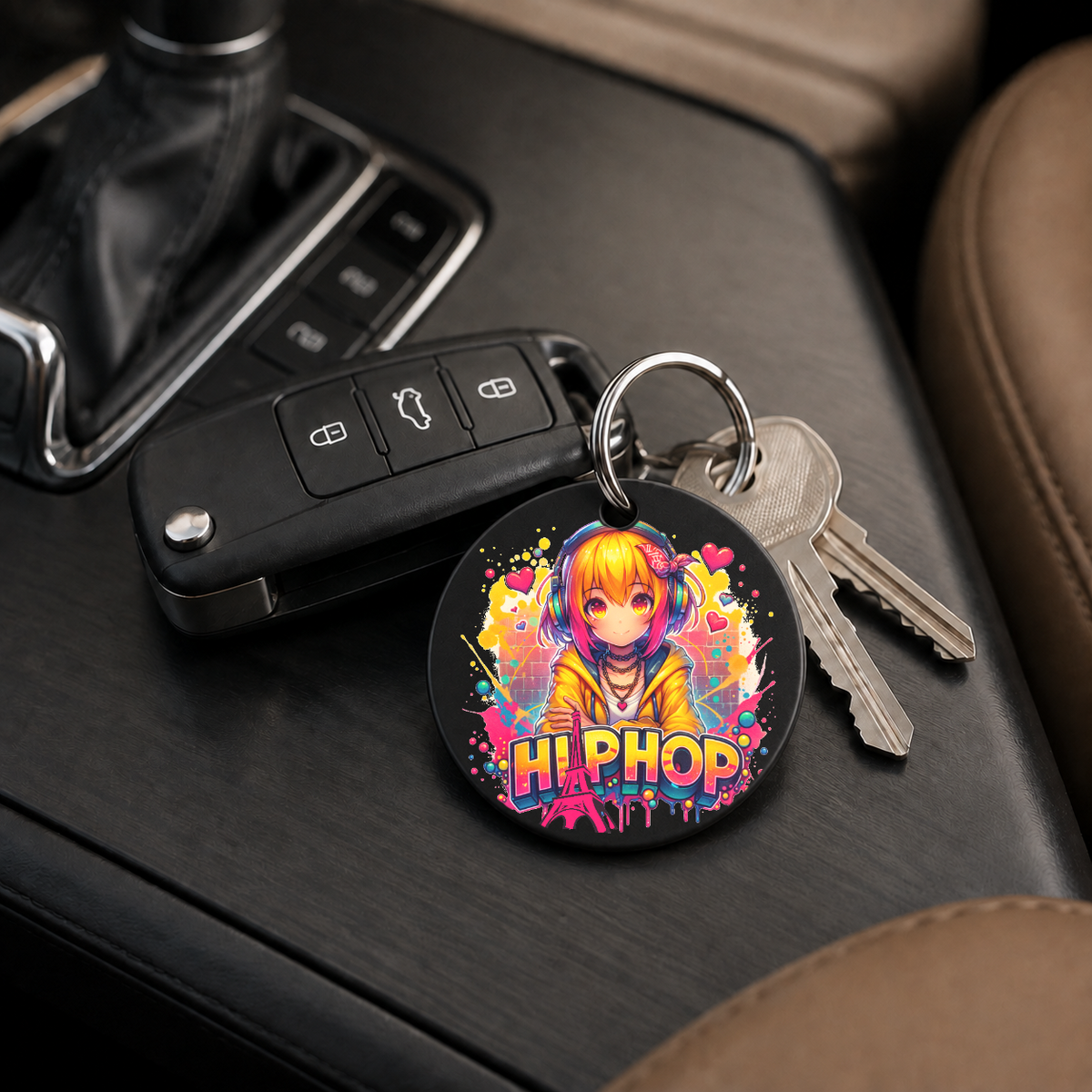 Graffiti Anime Girl - Crazy Peace Signs - Keychain in black