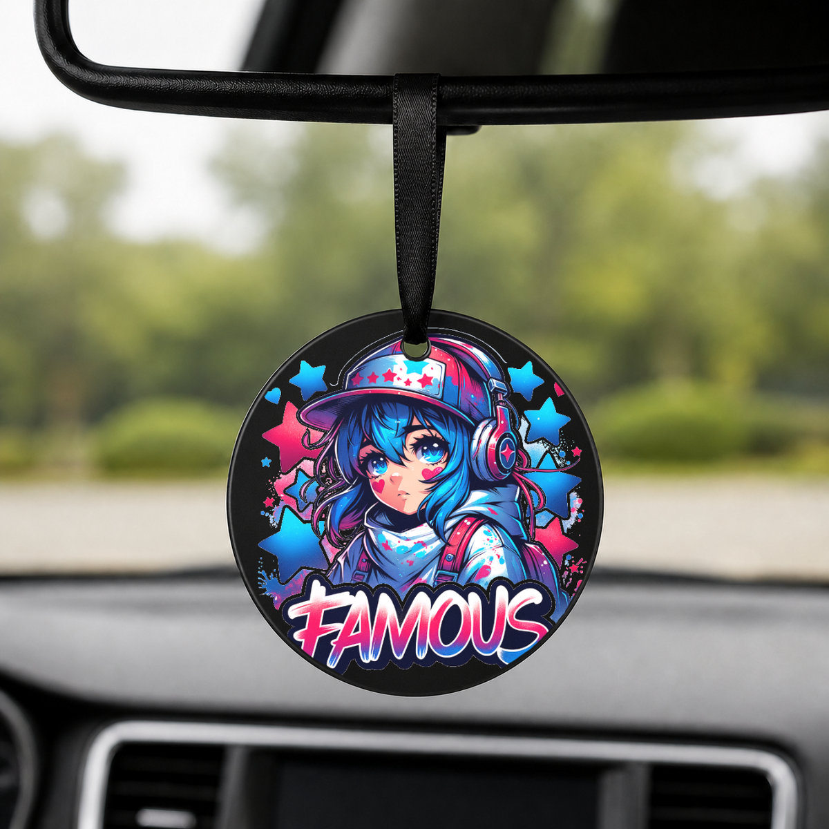 Graffiti Anime Girl - Diggie - Round Car Charm in black