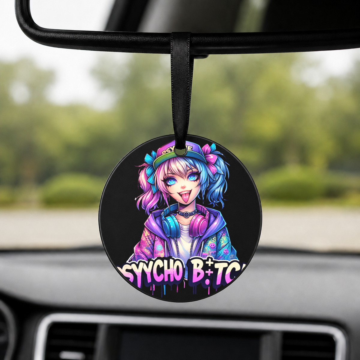 Graffiti Anime Girl - Famous Stars - Round Car Charm in black