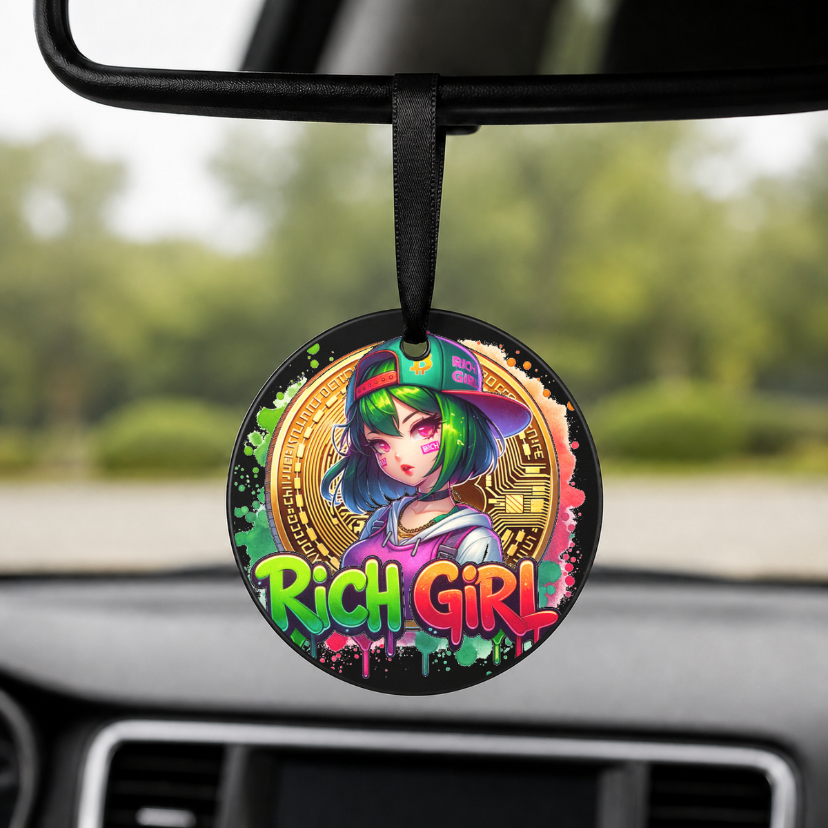Graffiti Anime Girl - Hip Hop - Round Car Charm in black
