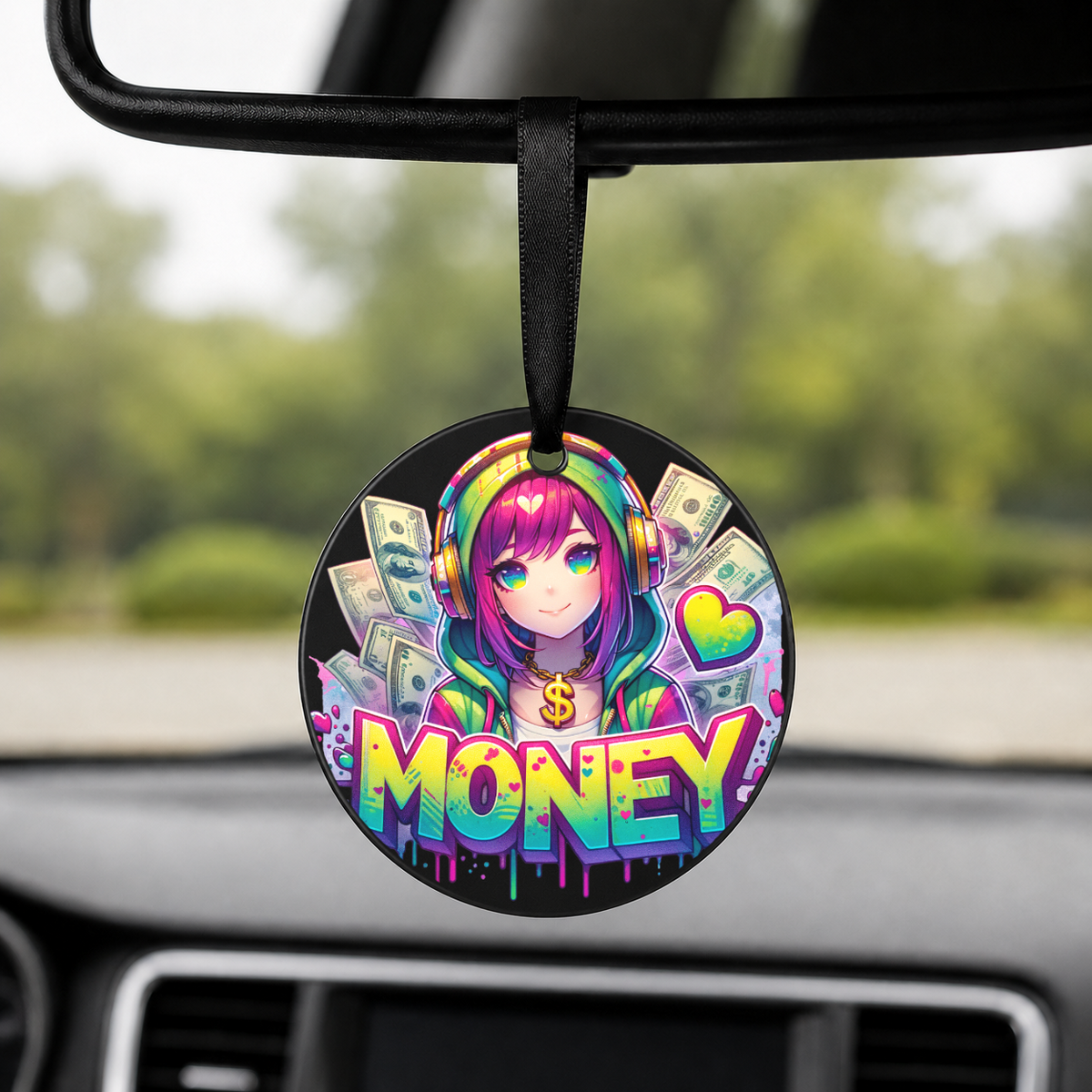 Graffiti Anime Girl - Money - Round Car Charm in black