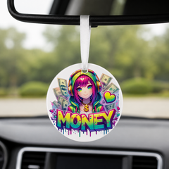 Graffiti Anime Girl - Money - Round Car Charm in white
