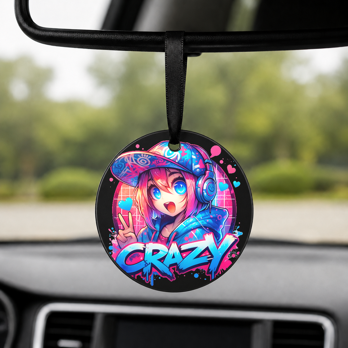 Graffiti Anime Girl - Psychic - Round Car Charm in black