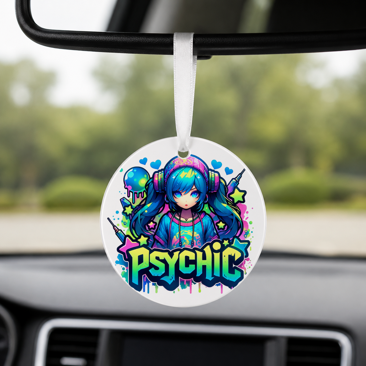 Graffiti Anime Girl - Psycho Bitch - Round Car Charm in white