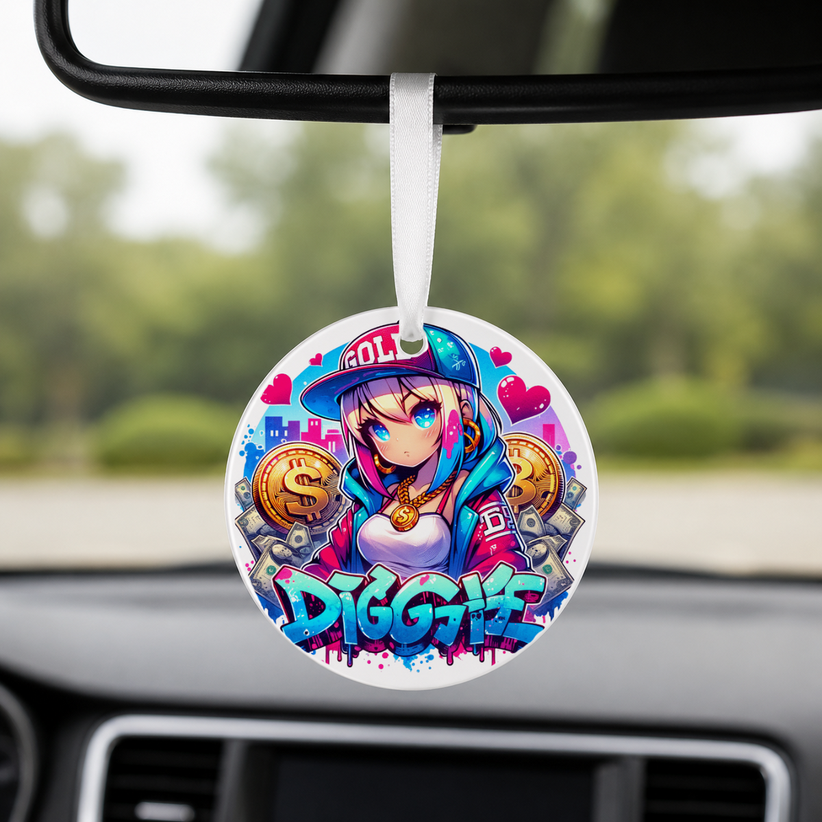 Graffiti Anime Girl - Rich Girl - Round Car Charm in white