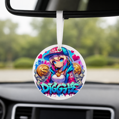 Graffiti Anime Girl - Rich Girl - Round Car Charm in white