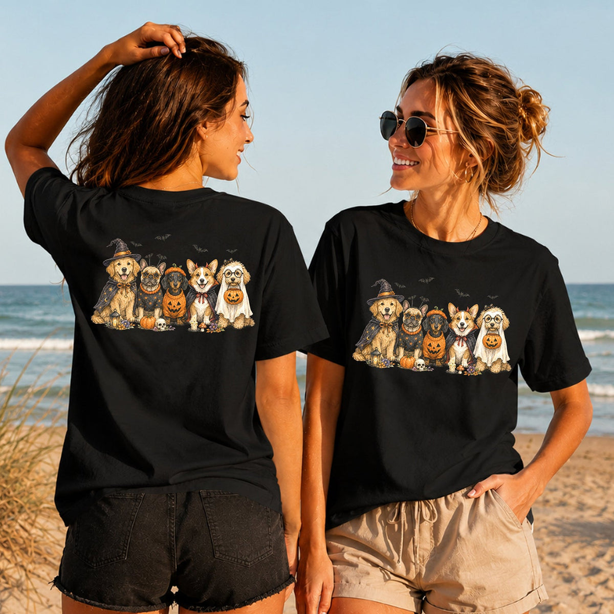 Halloween Dog Squad - Women's T-Shirt in black, showing alternative back and front print placements on the beach