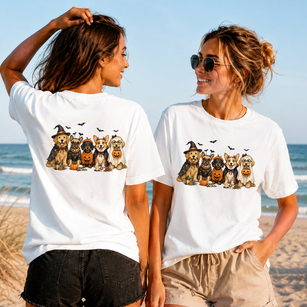 Halloween Dog Squad - Women's T-Shirt in white, showing alternative back and front print placements on the beach