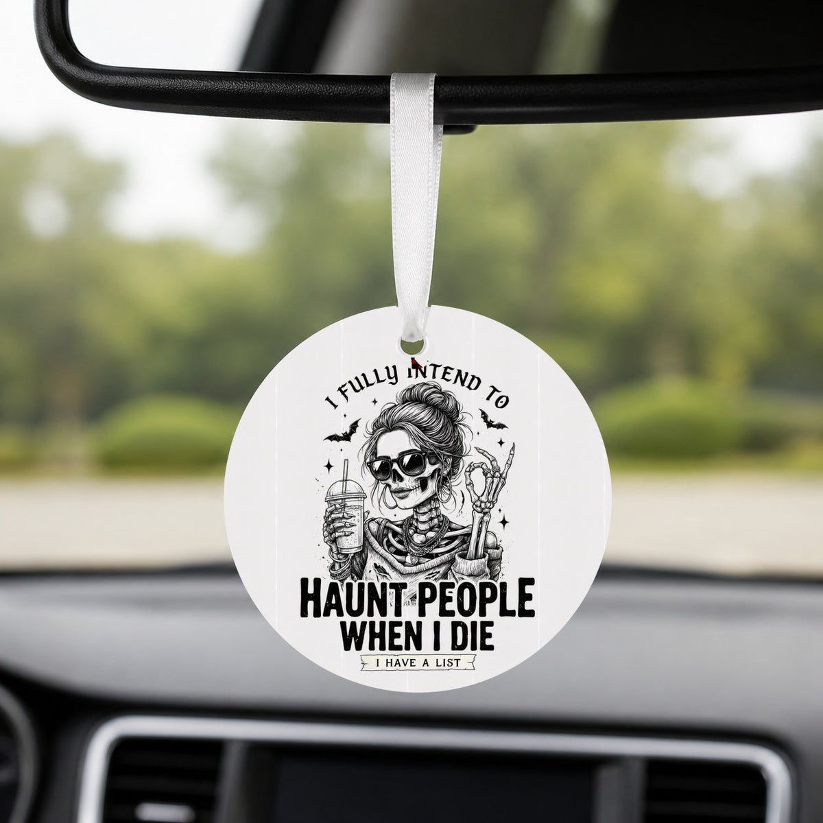 Haunt List - Black Skeleton - Round Car Charm in white