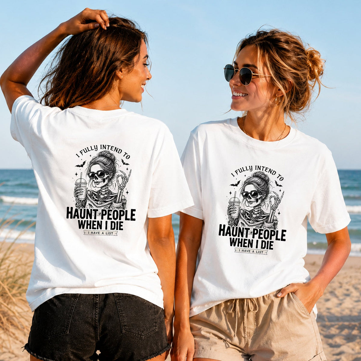 Haunt List - Black Skeleton - Women's T-Shirt in white, showing alternative back and front print placements on the beach