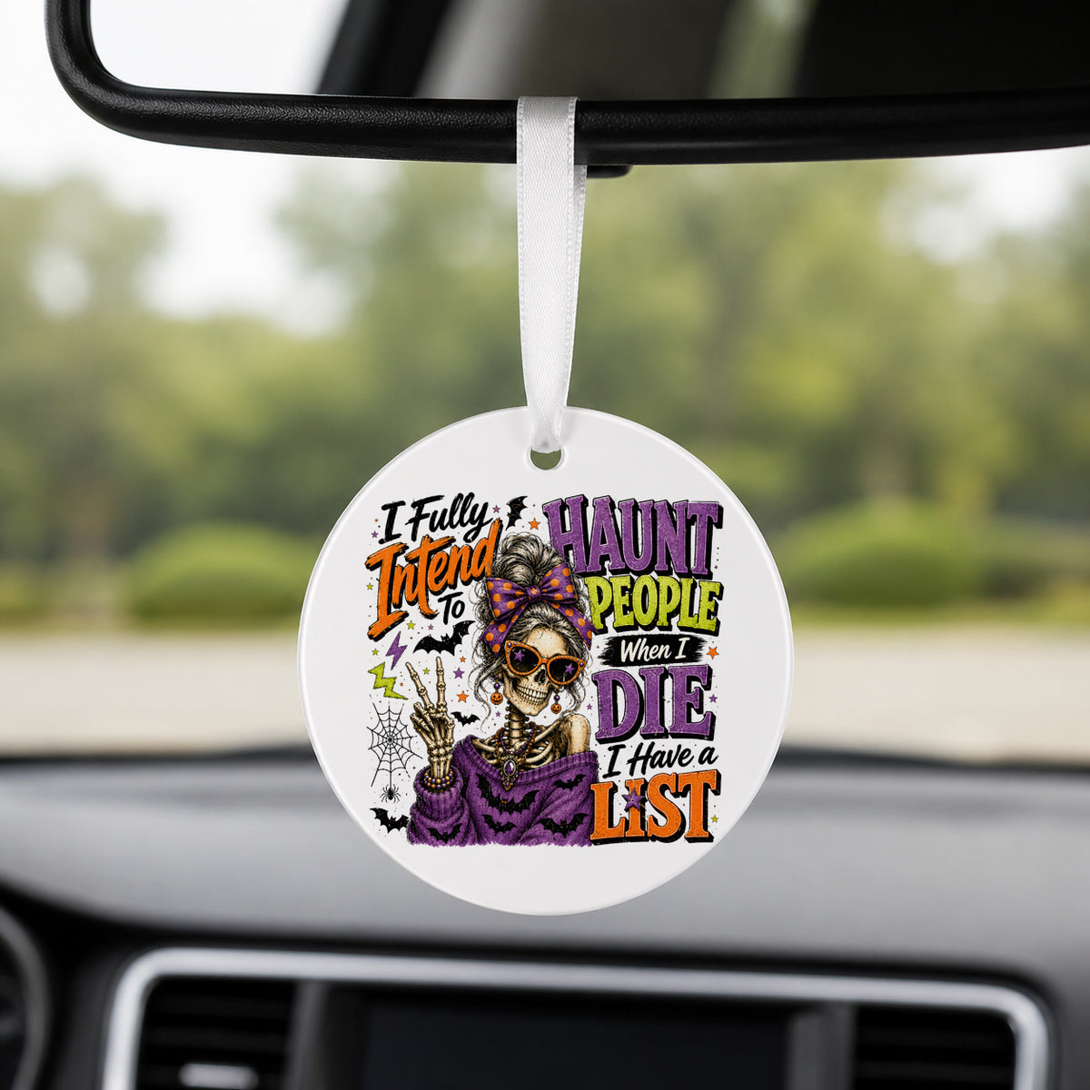 Haunt List - Glam Skeleton - Round Car Charm in white