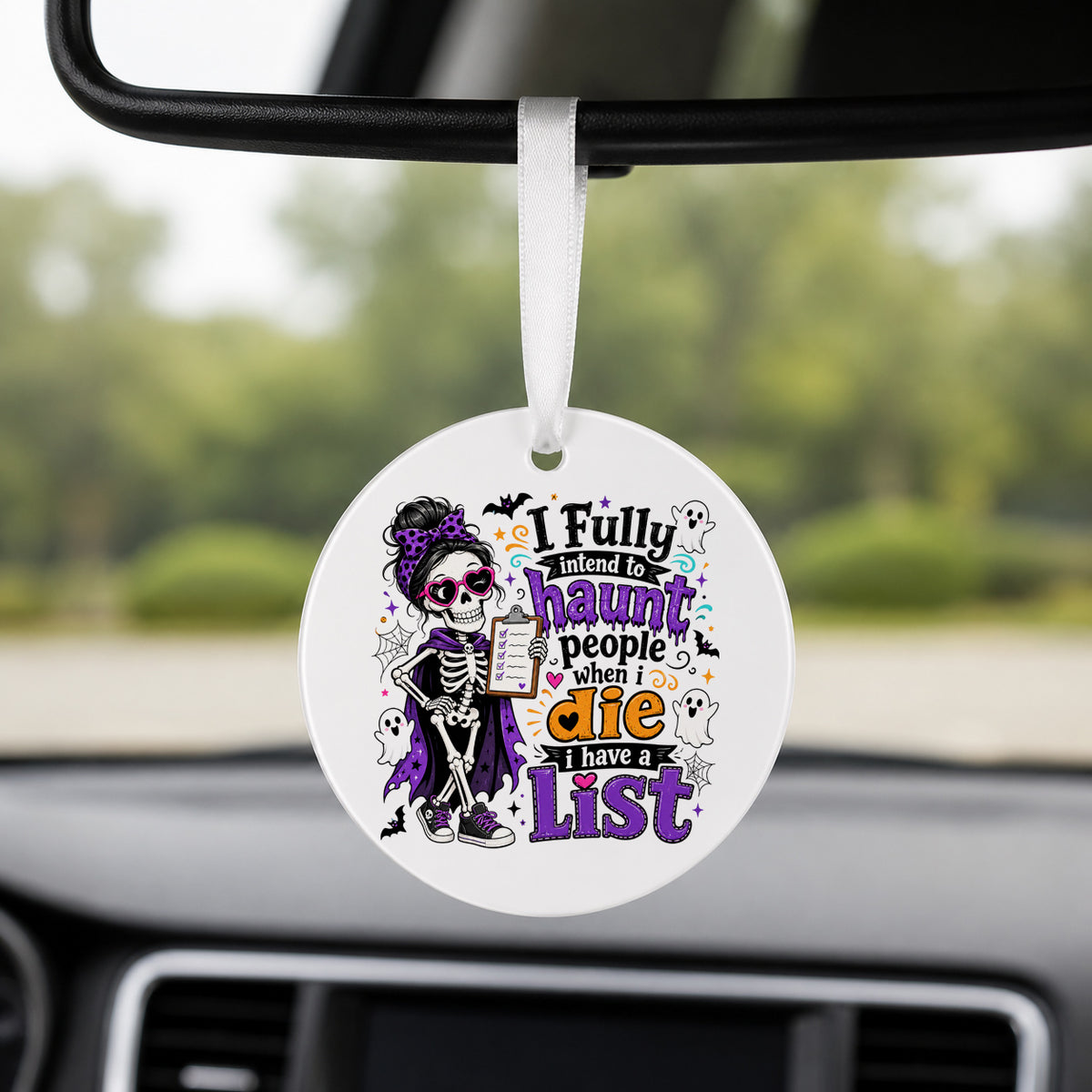 Haunt List - Purple Skeleton - Round Car Charm in white