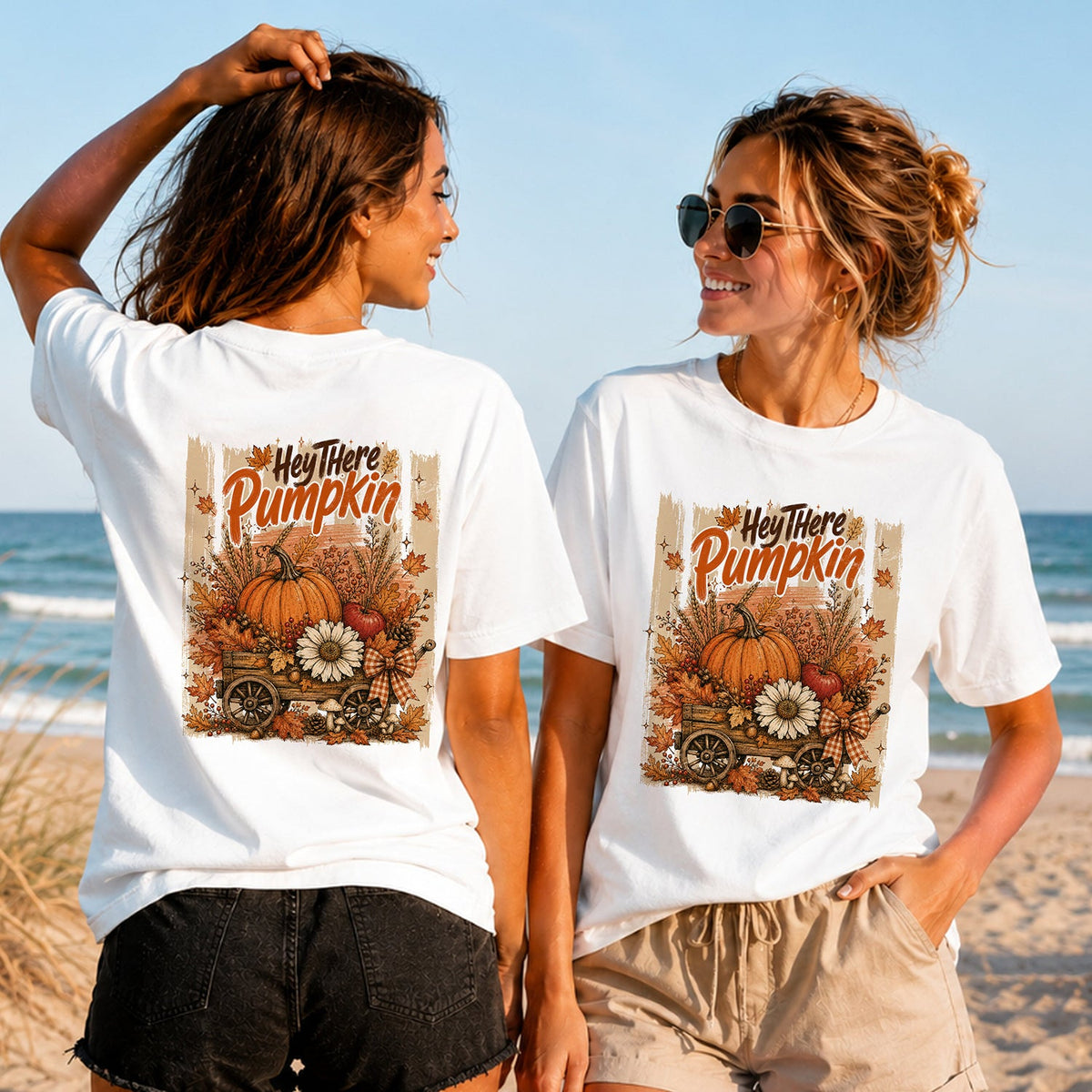 Hey There Pumpkin - Women's T-Shirt in white, showing alternative back and front print placements on the beach