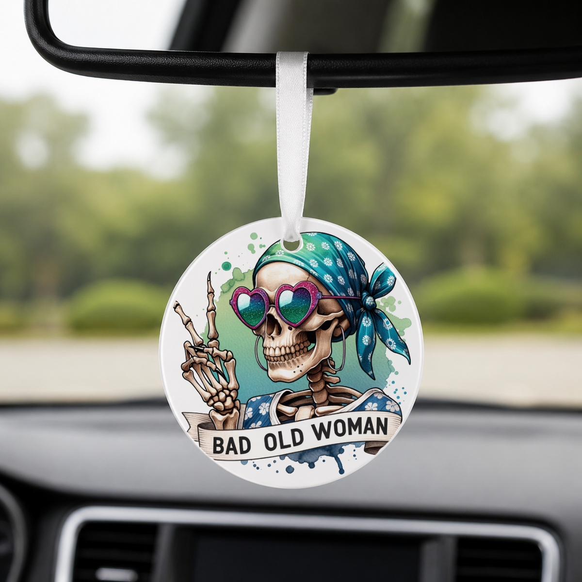 Hipster Skull - Blue Bandana Heart Glasses - Round Car Charm in white