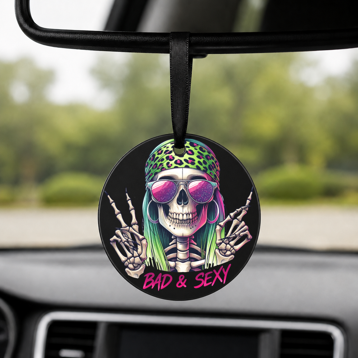 Hipster Skull - Green Bandana Peace Sign - Round Car Charm in black