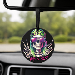 Hipster Skull - Green Bandana Peace Sign - Round Car Charm in black