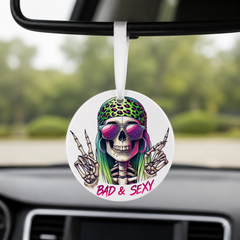 Hipster Skull - Green Bandana Peace Sign - Round Car Charm in white