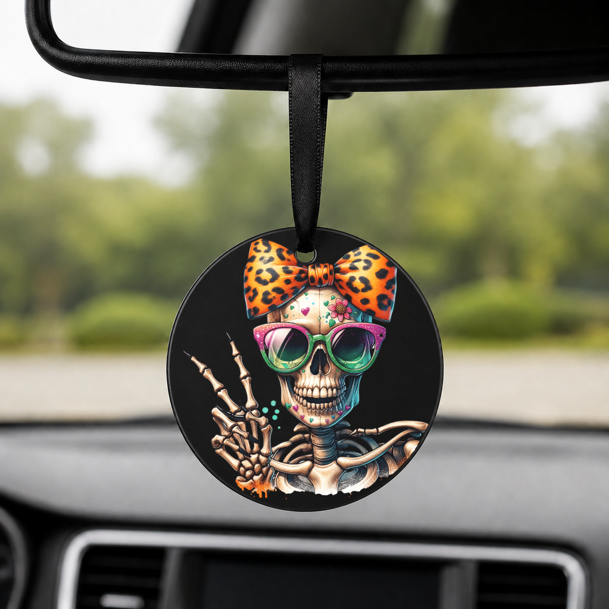 Hipster Skull - Green Bow Heart Glasses - Round Car Charm in black
