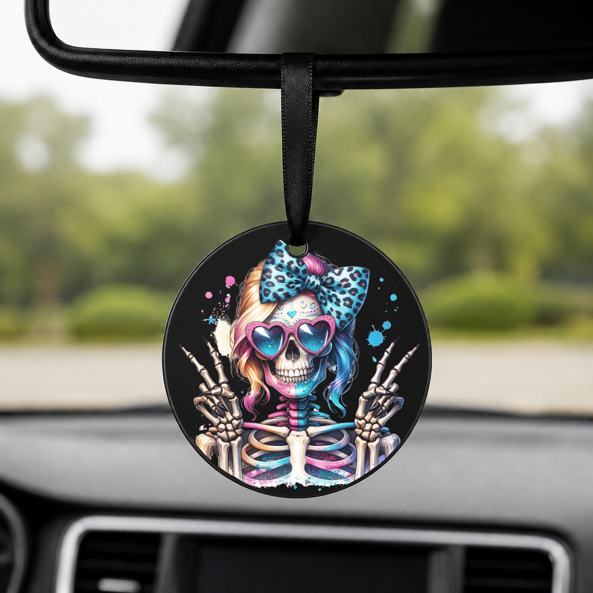 Hipster Skull - Grey Hair Bandana Peace Sign - Round Car Charm in black