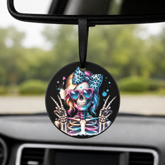 Hipster Skull - Grey Hair Bandana Peace Sign - Round Car Charm in black