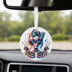 Hipster Skull - Grey Hair Bandana Peace Sign - Round Car Charm in white