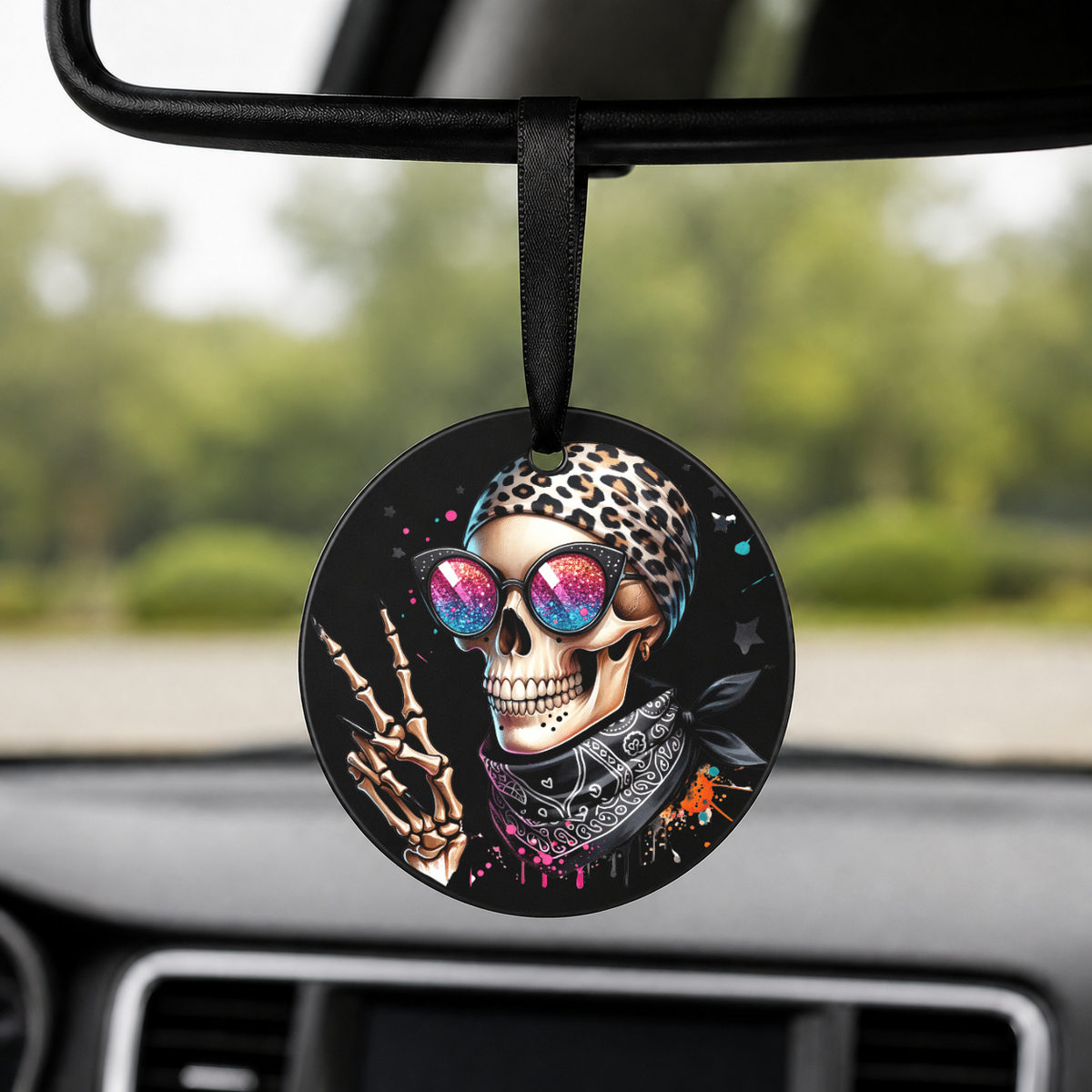 Hipster Skull - Leopard Bandana Peace Sign - Round Car Charm in black