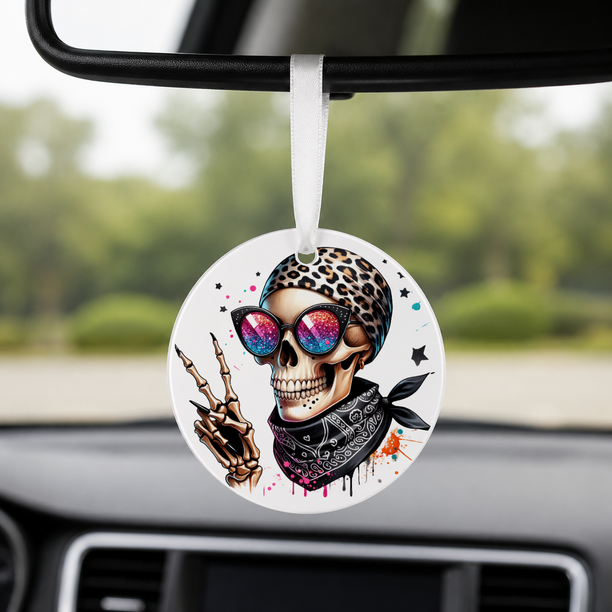 Hipster Skull - Leopard Bandana Peace Sign - Round Car Charm in white