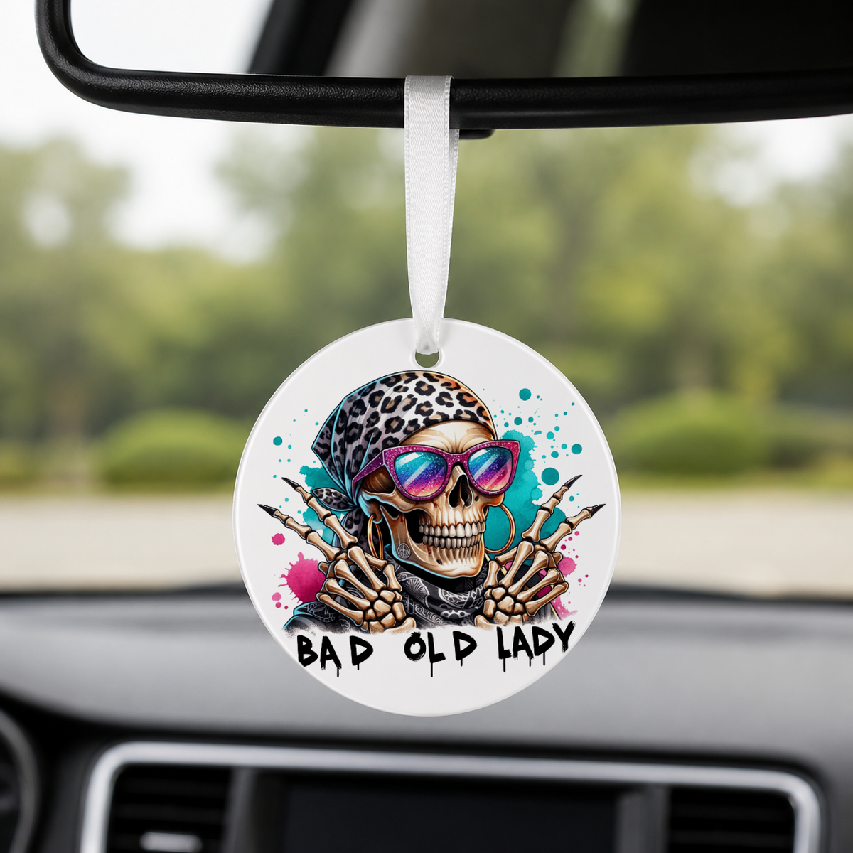 Hipster Skull - Leopard Bandana Sunglasses - Round Car Charm in white