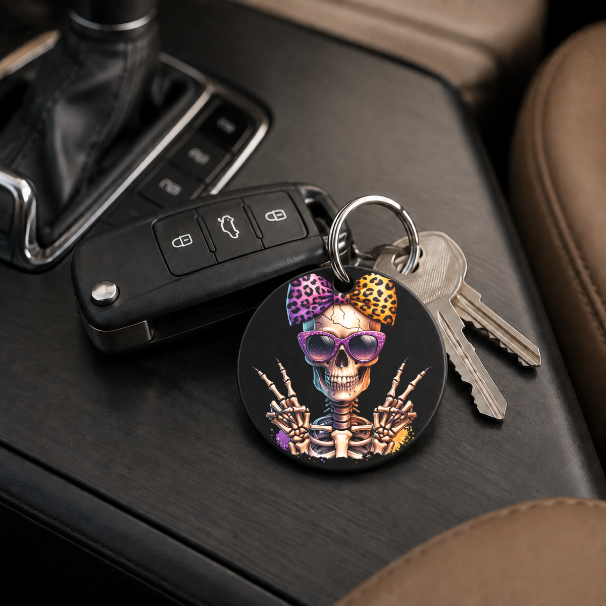 Hipster Skull - Leopard Bow Heart Glasses - Keychain in black