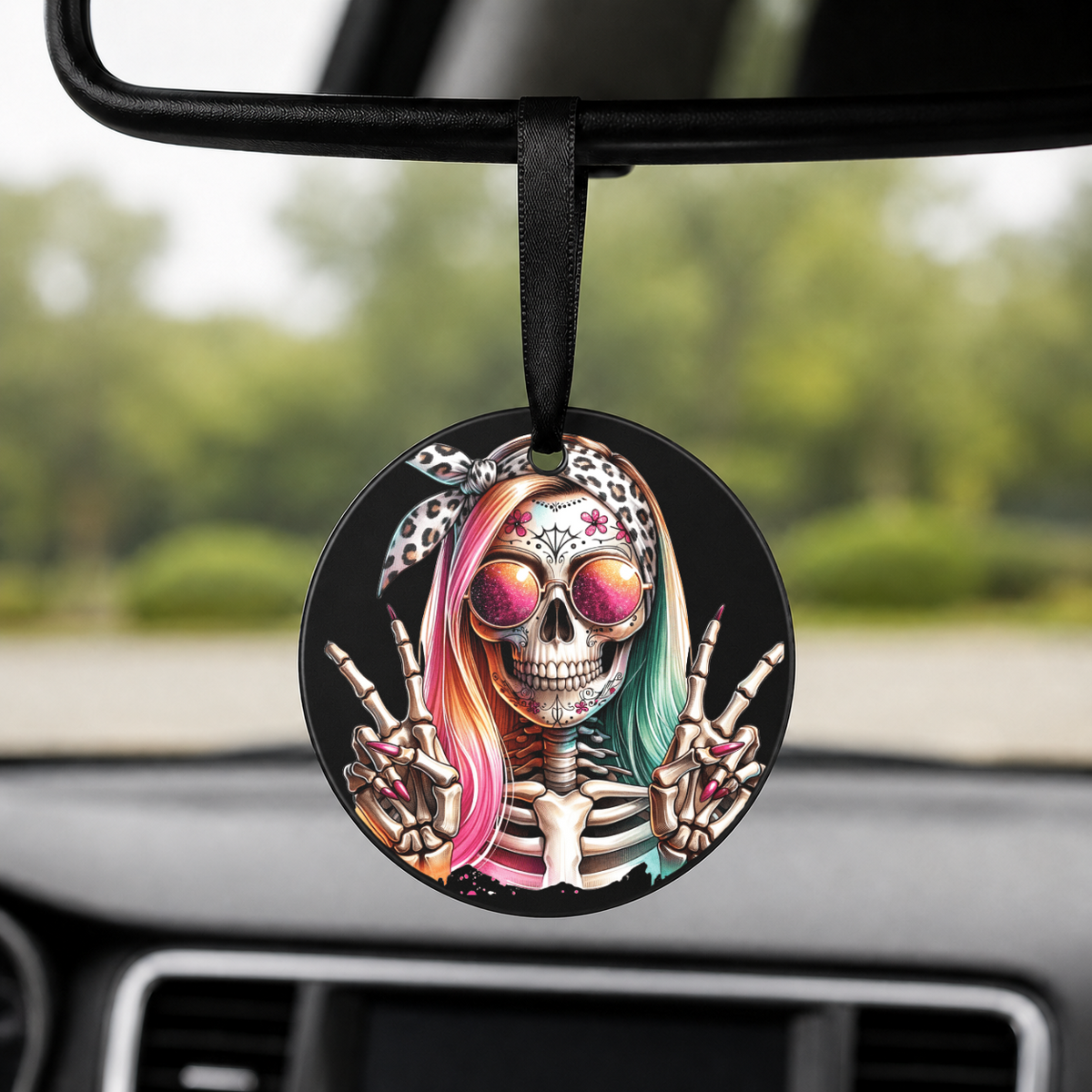 Hipster Skull - Leopard Colorful Hair Peace Sign - Round Car Charm in black