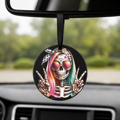 Hipster Skull - Leopard Colorful Hair Peace Sign - Round Car Charm in black